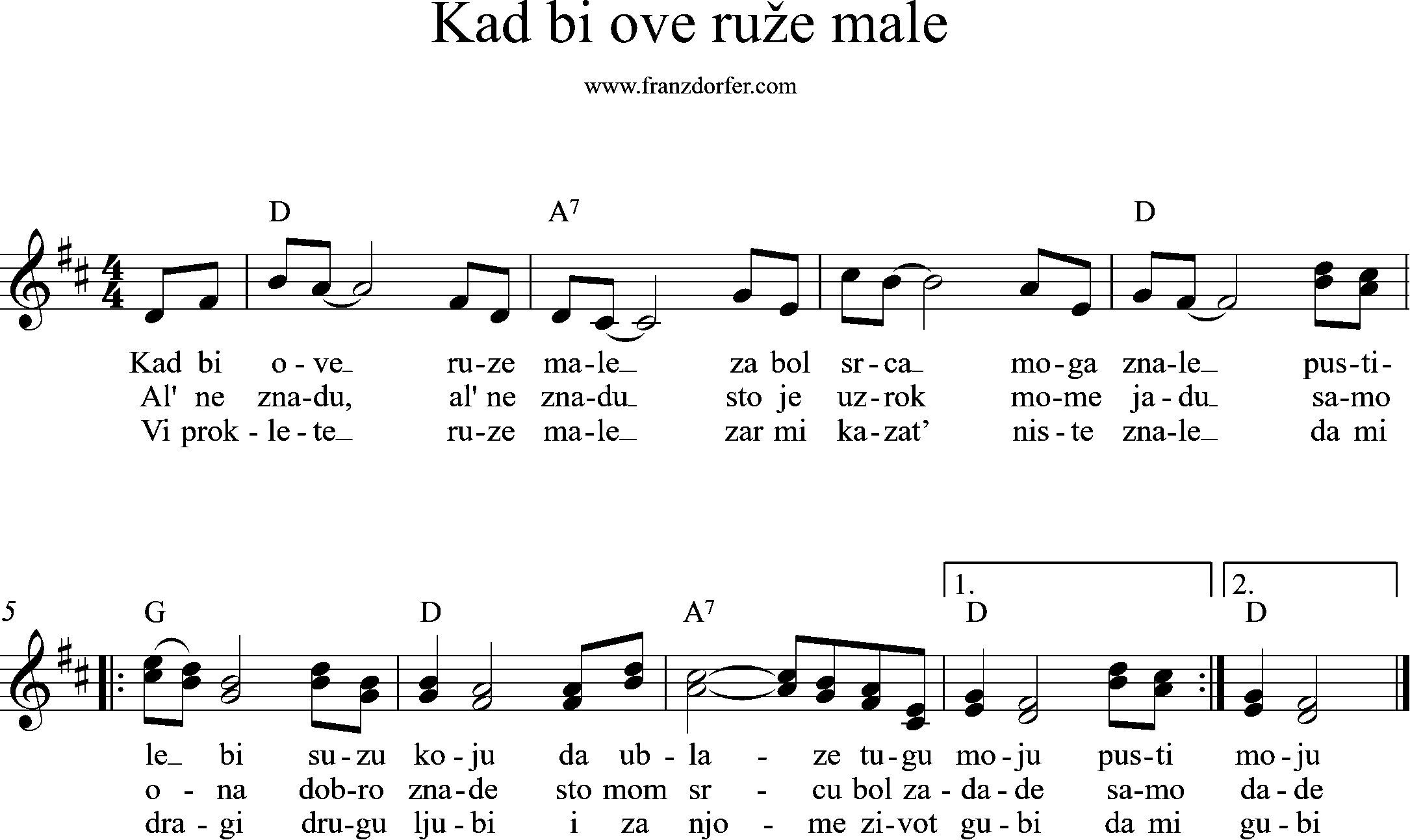 leadsheet, D-Major, Kad bi ove ruže male